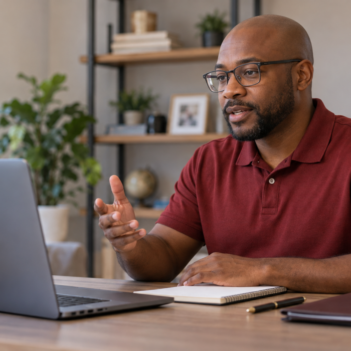 Professional in a burgundy polo gestures toward a laptop with a webcam while seated at a desk with a notebook.