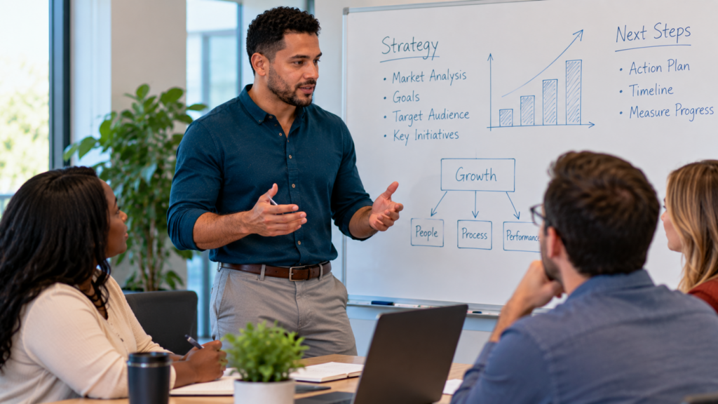 Business professional leading a strategy presentation for colleagues during a team meeting