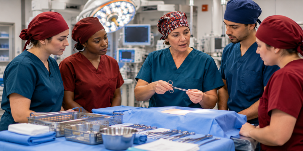 A surgical technology instructor demonstrates a surgical instrument to four students wearing scrubs and surgical caps in a simulated operating room.