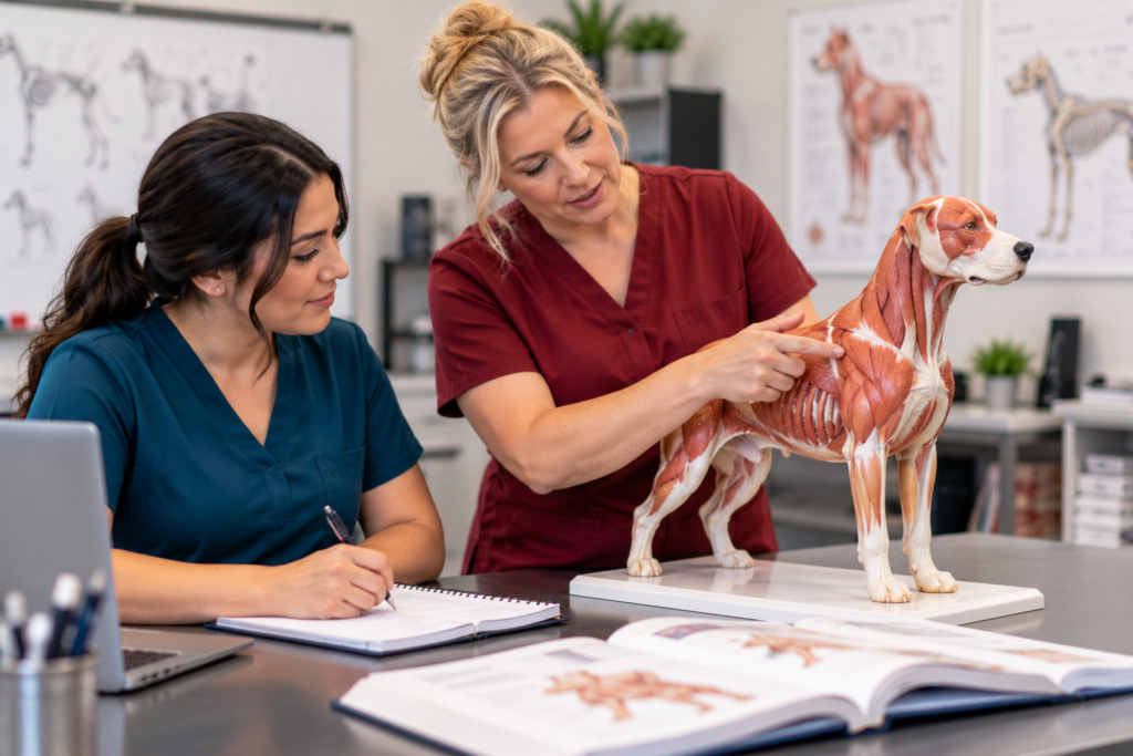 Veterinary assistant student reviewing canine anatomy with an instructor