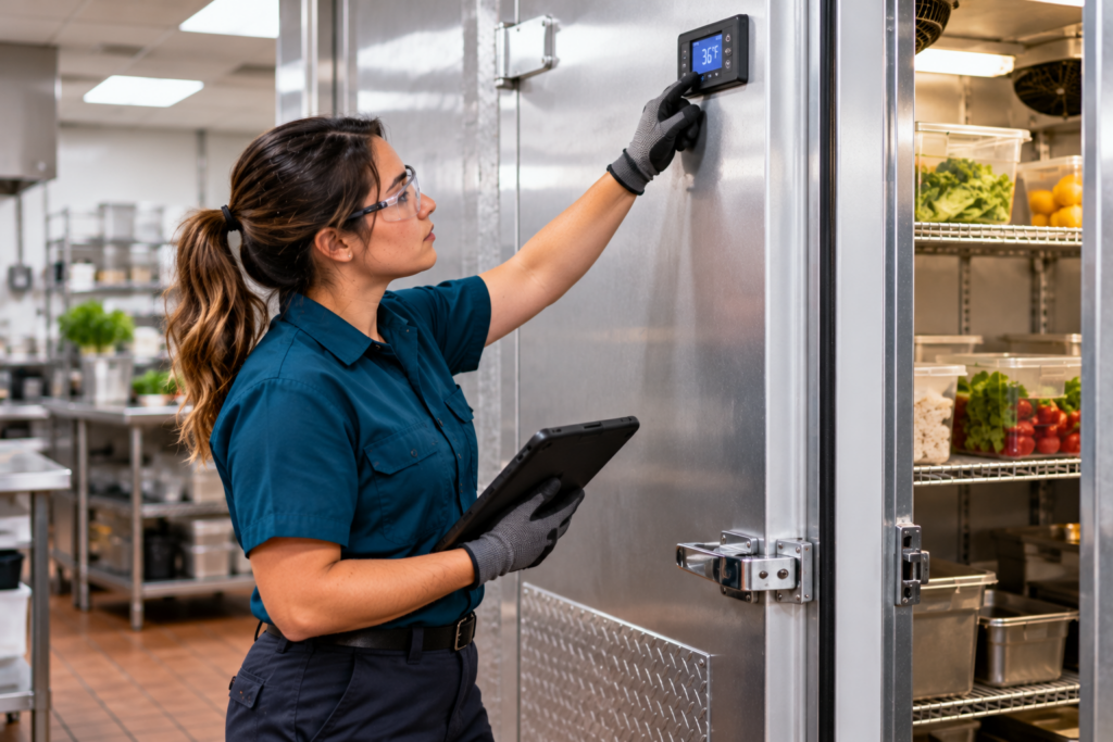 Female refrigeration technician checking the temperature display of a commercial walk-in cooler while holding a tablet.