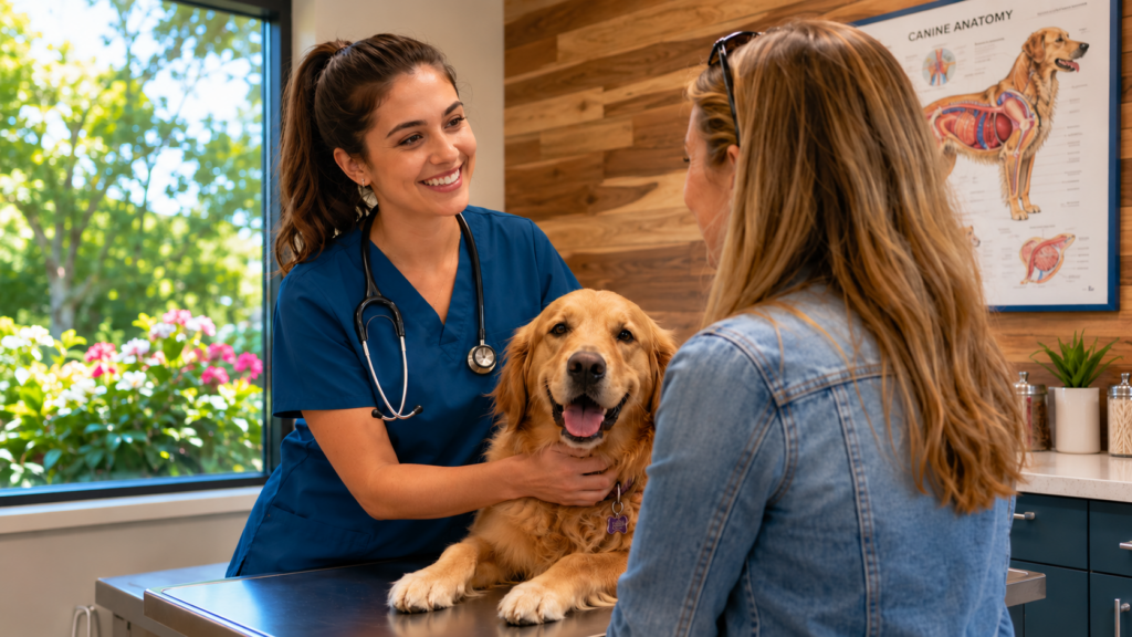 Veterinary technician discussing a dog's care with a pet owner during an exam