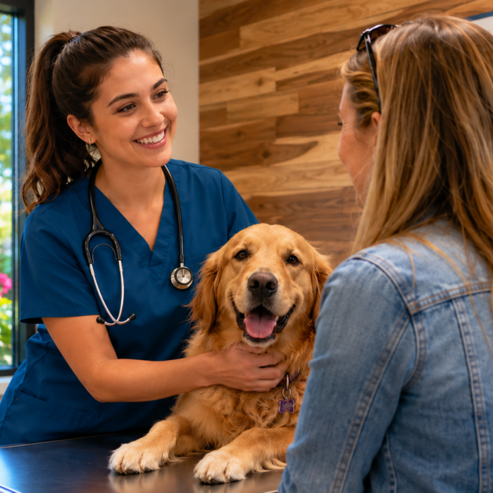 Veterinary technician discussing a dog's care with a pet owner during an exam