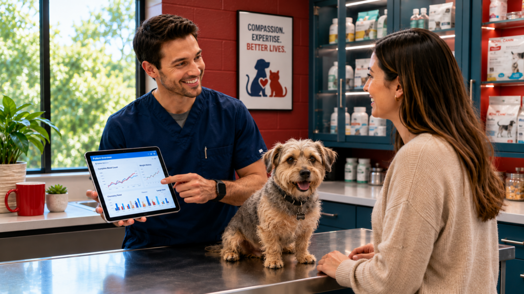 Warm Veterinary Consultation with Happy Terrier