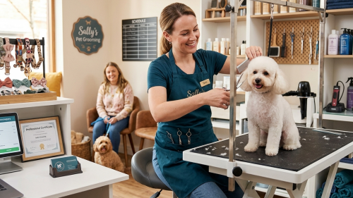 Pet groomer using a comb and scissors on a small white dog standing on a grooming table in a salon.