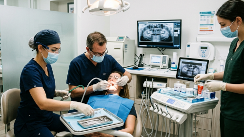 Dental assistant in navy scrubs supports a dentist during a patient procedure while another dental team member prepares materials nearby.